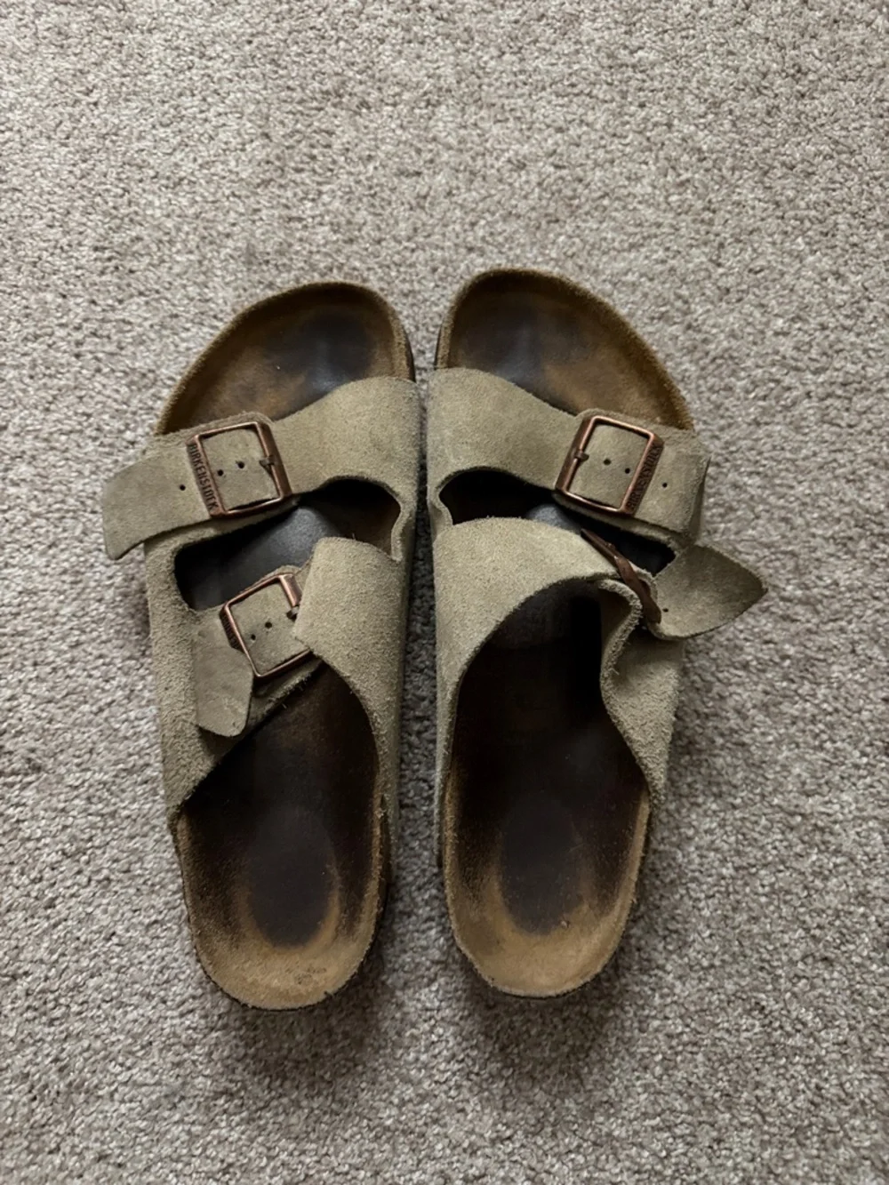 Suede Double Buckle Slide Sandals in Olive Taupe - Picture 1 of 1